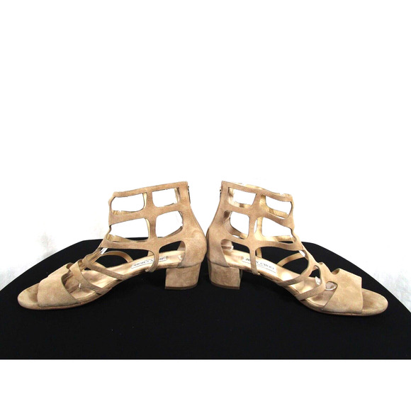 Jimmy Choo Ren 35 Beige Suede Caged Low Heel Sandals Women Sz 40.5 EU/10 US - Picture 5 of 12